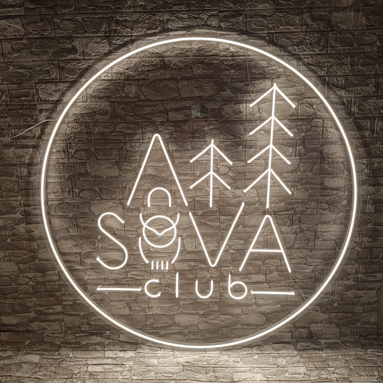 Неоновая вывеска с логотипом, изображающая надпись, сову и ели